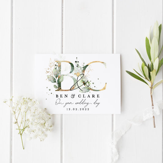 Personalized wedding thank you card with floral watercolour design, featuring initials B & C, for Ben & Clare.