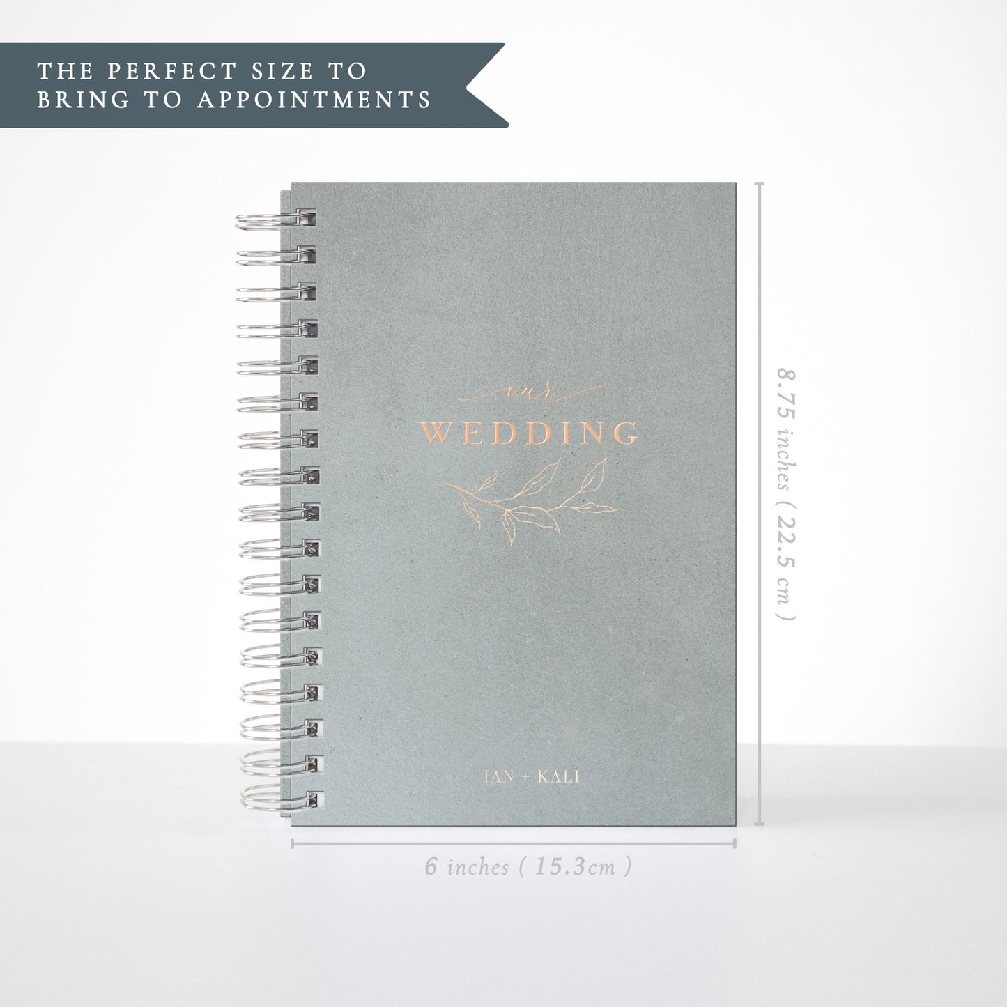 Size guide for a wedding planner organizer book, measuring 6.5 x 8.5 inches.