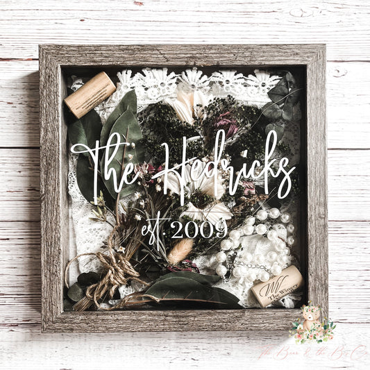 Rustic wedding shadow box with dried bouquet and personalized engraving