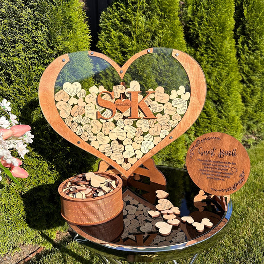 Wooden heart wedding guest book for unique and rustic guestbook alternatives.