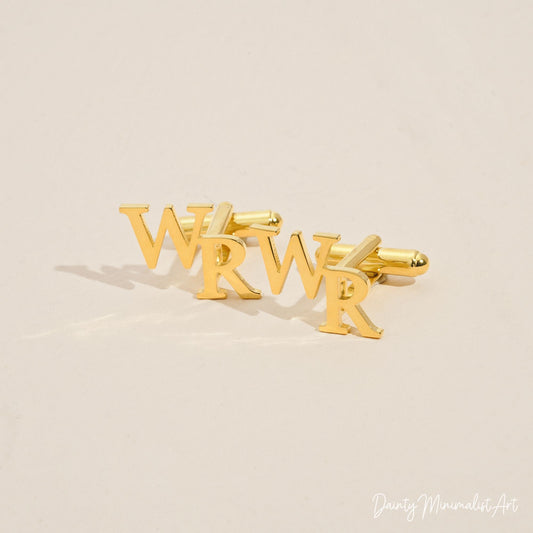 Personalized gold monogrammed cufflinks with the initials WR, ideal for weddings or special occasions.