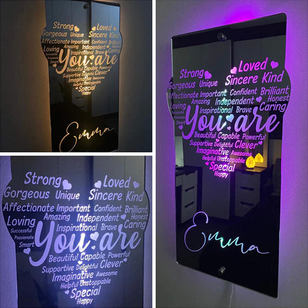 Lumière de miroir de coeur d’affirmation gravée sur mesure