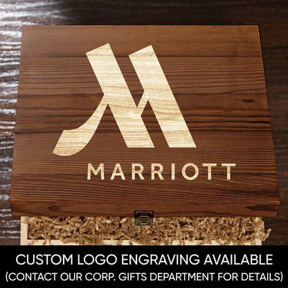 Wooden gift box showcasing an example of custom logo engraving, perfect for corporate gifting of personalized whiskey glasses.