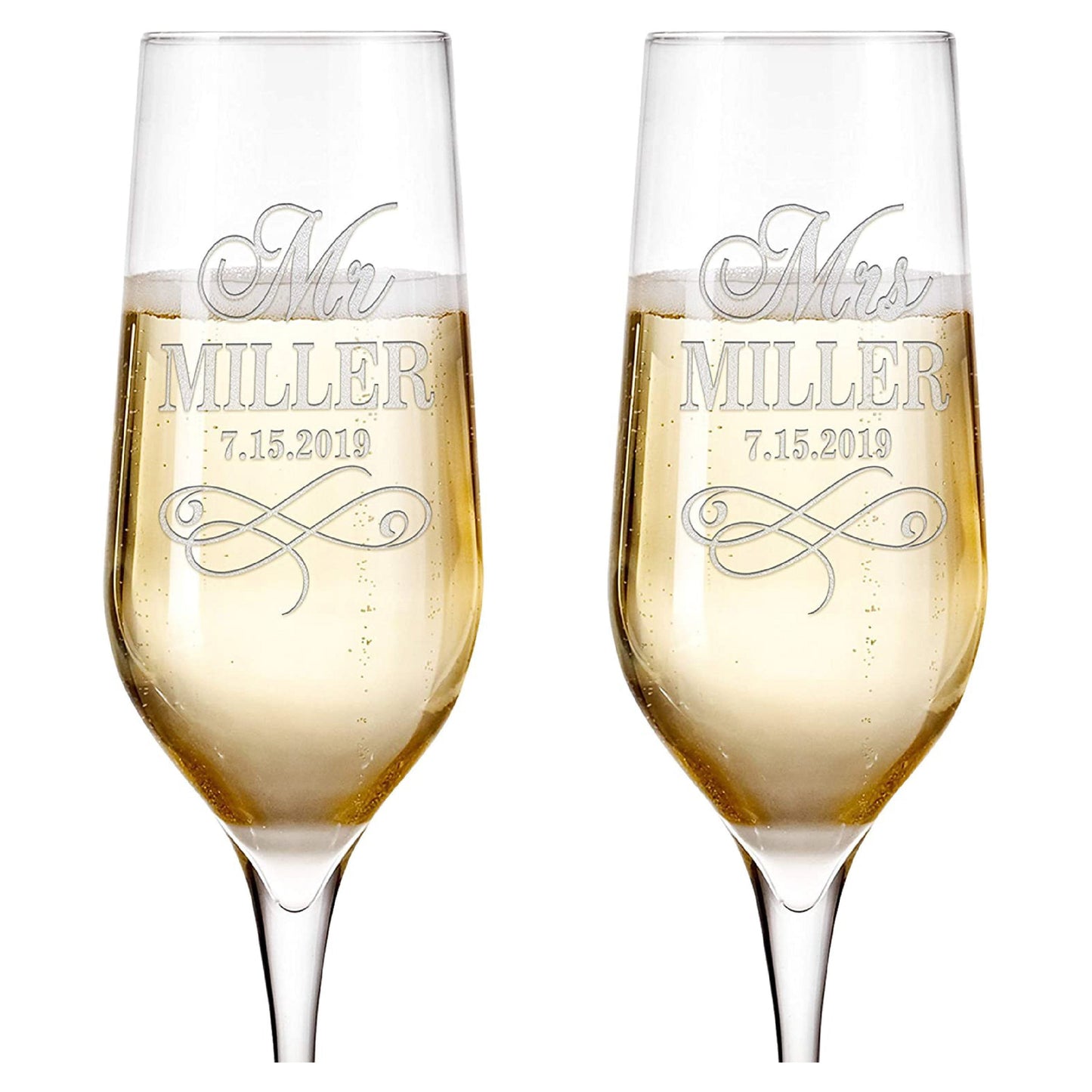 Custom Mr & Mrs champagne flutes showing detailed personalized engraving