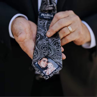 Elegant-paisley-tie-with-a-custom-photo-tie-patch-showing-a-father-and-infant.