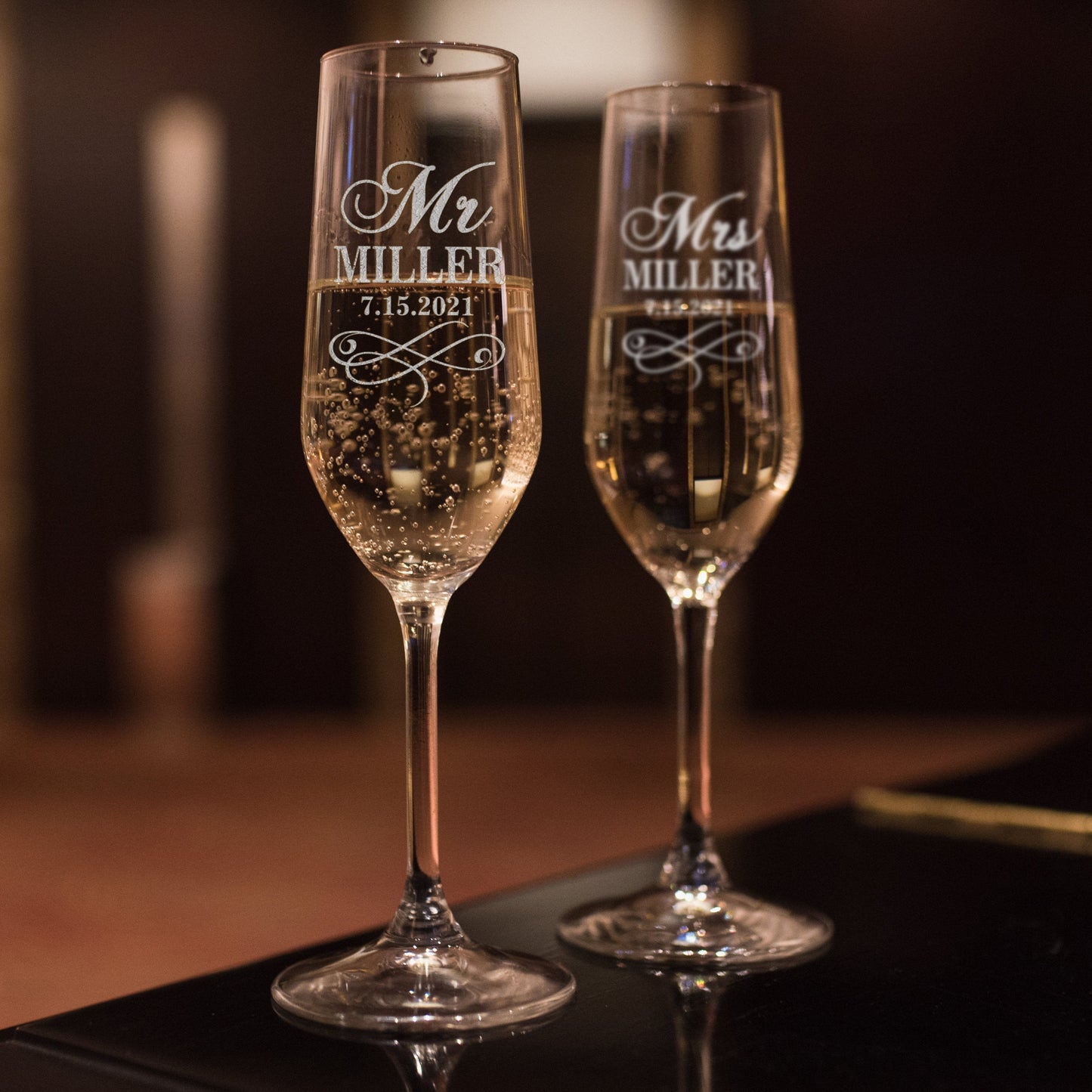 Personalized Mr & Mrs custom wedding champagne flutes with engraving