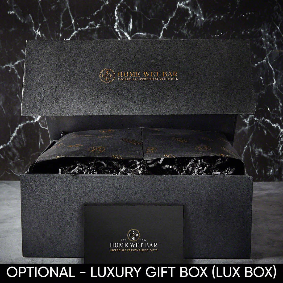 Luxury gift packaging option for personalized whiskey glass set, featuring stylish black box with premium presentation.