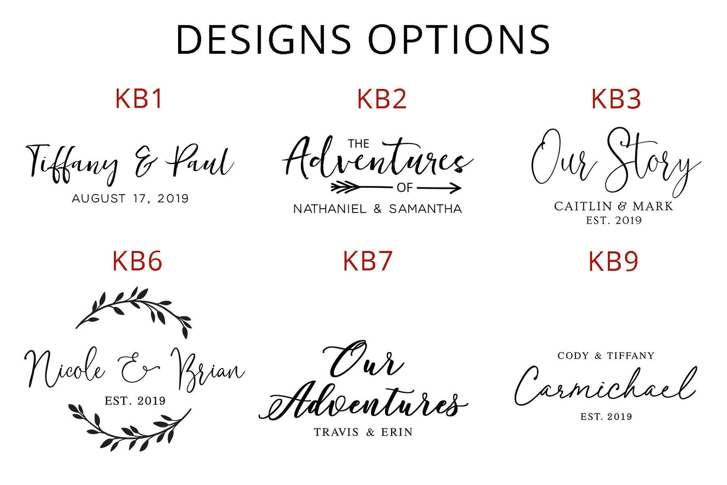 Additional engraving design choices KB1 to KB9 for personalized memory boxes ideal for weddings, anniversaries, and special milestones