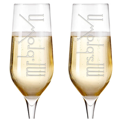 Personalized wedding champagne flutes with modern vertical engraving