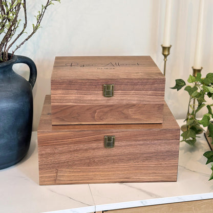 Walnut keepsake box beautifully engraved with the couple's names Cody & Tiffany Carmichael, ideal as a personalized anniversary or wedding gift.