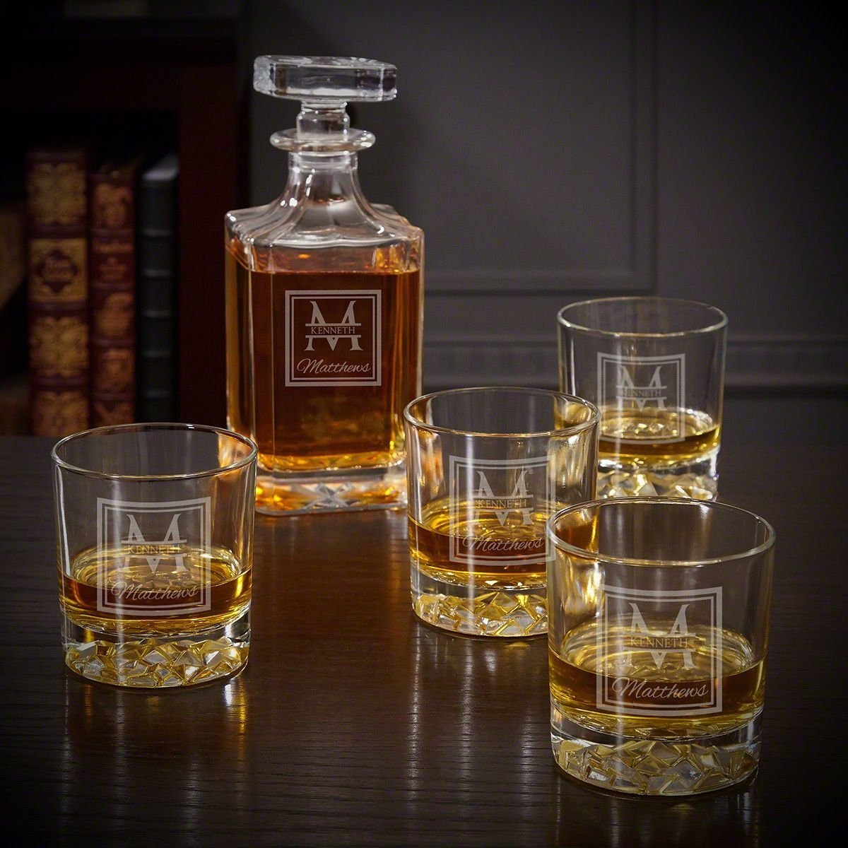 Customized whiskey decanter set with matching personalized whiskey glasses, elegantly engraved, perfect for home bars.