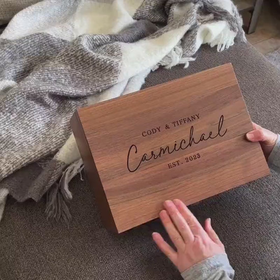 Unboxing video of a personalized engraved walnut wooden keepsake box showcasing spacious interior ideal for storing wedding letters, photographs, and mementos.