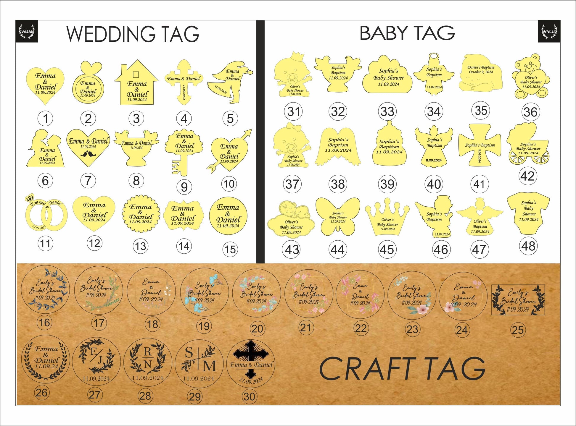 Soap wedding favor tag designs for weddings and baby showers, featuring various wooden and round tag styles
