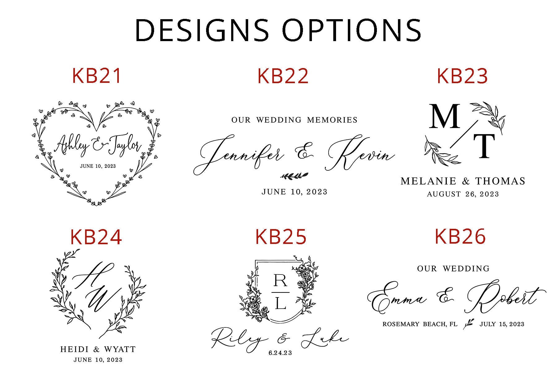 Custom engraving design options for walnut keepsake boxes including romantic and elegant styles KB21 to KB26