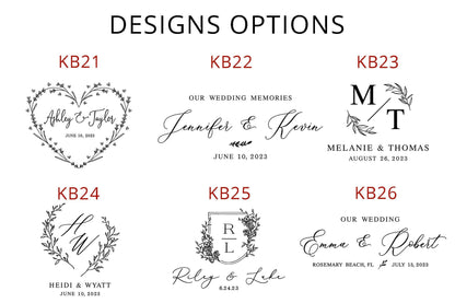 Custom engraving design options for walnut keepsake boxes including romantic and elegant styles KB21 to KB26