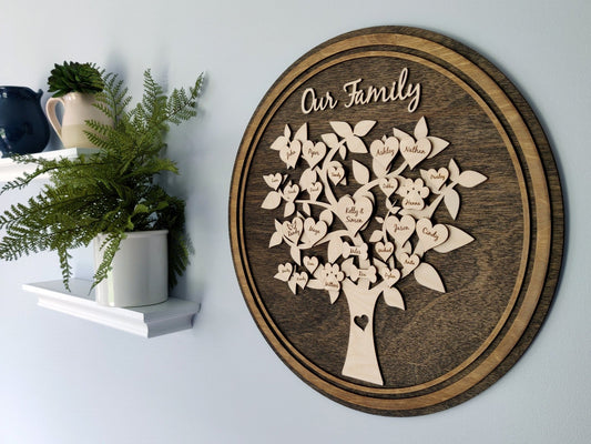Personalized wooden family tree wall decor with custom engraved leaves and hearts for names, perfect for home decoration.