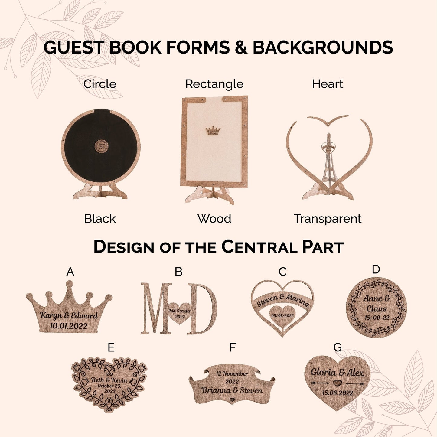 Different options for wooden heart guest book designs