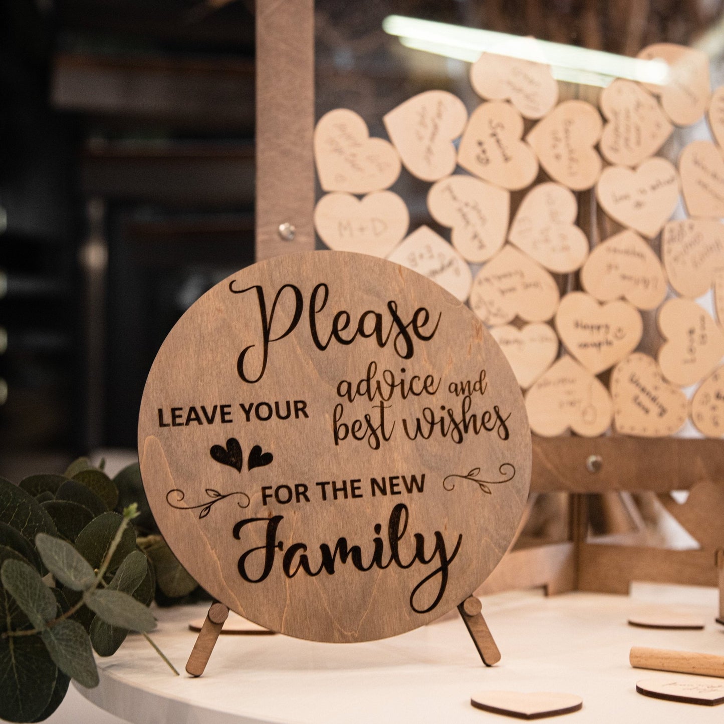 Sign for wooden heart guest book with a message for guests