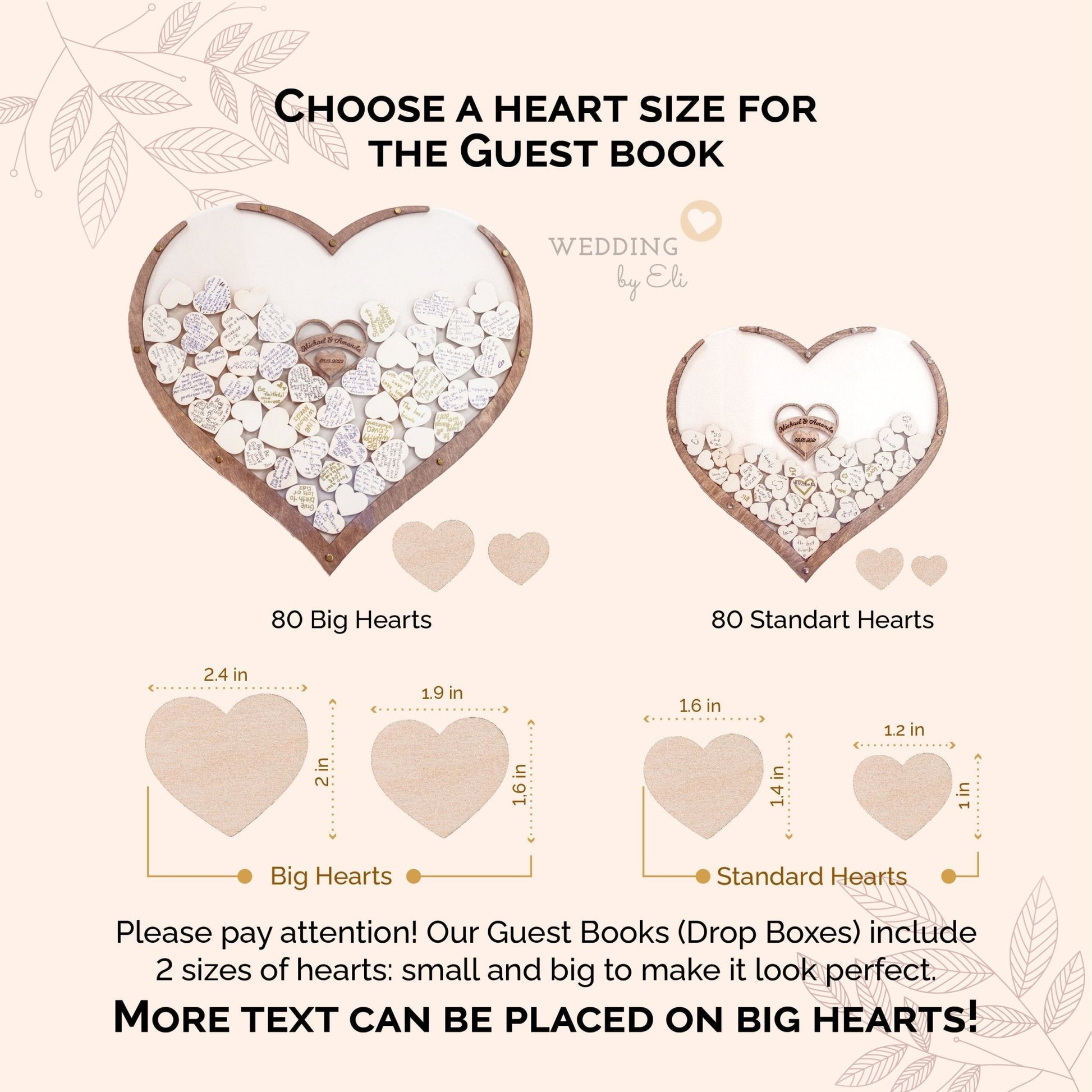 Size guide for wooden heart guest book and heart pieces