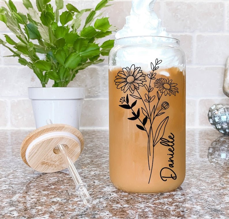 1.Birth Flower Personalized Glass Tumbler