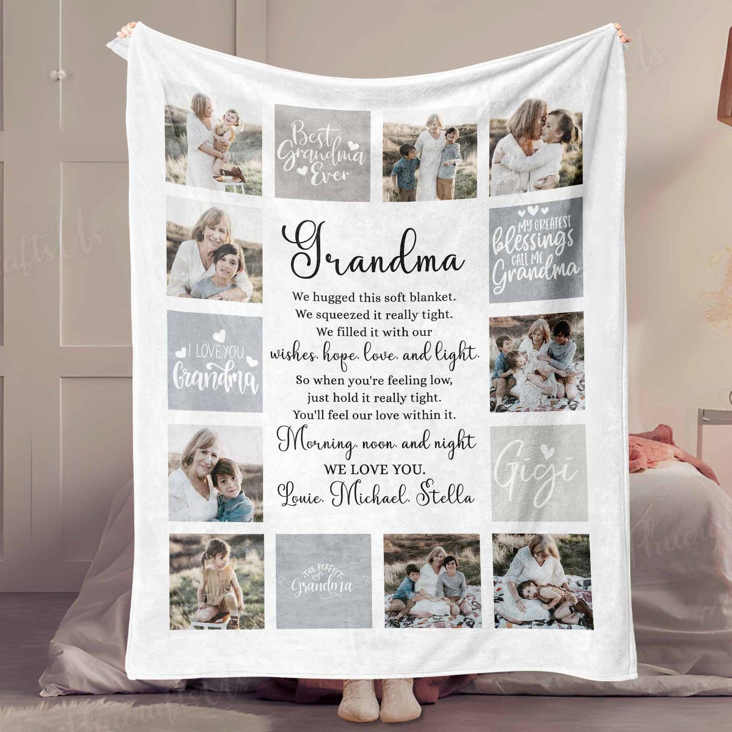 Personalisierte Oma-Decke mit Namen/Fotos der Enkelkinder 