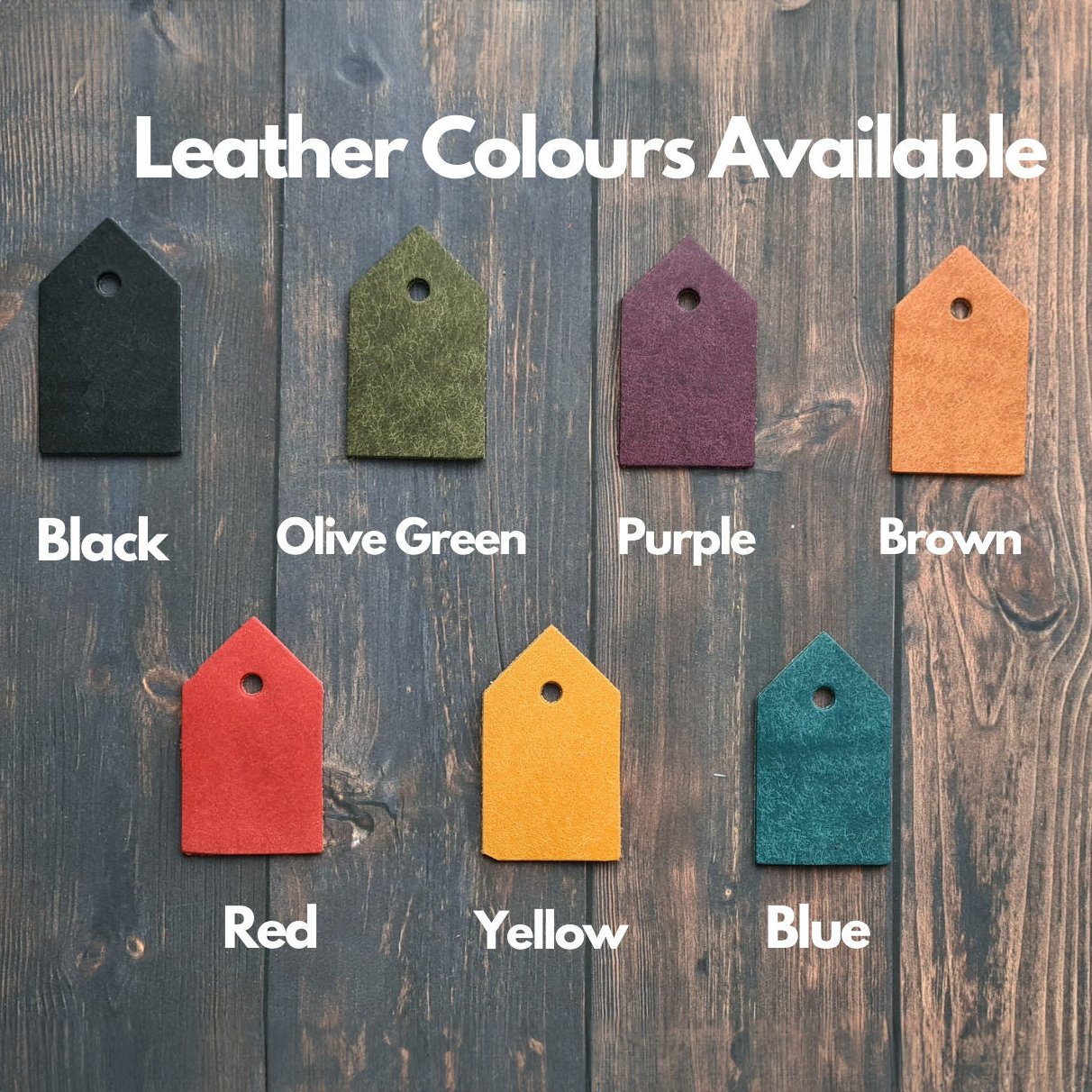 Leather bookmark color options including black, olive green, purple, brown, red, yellow, and blue.