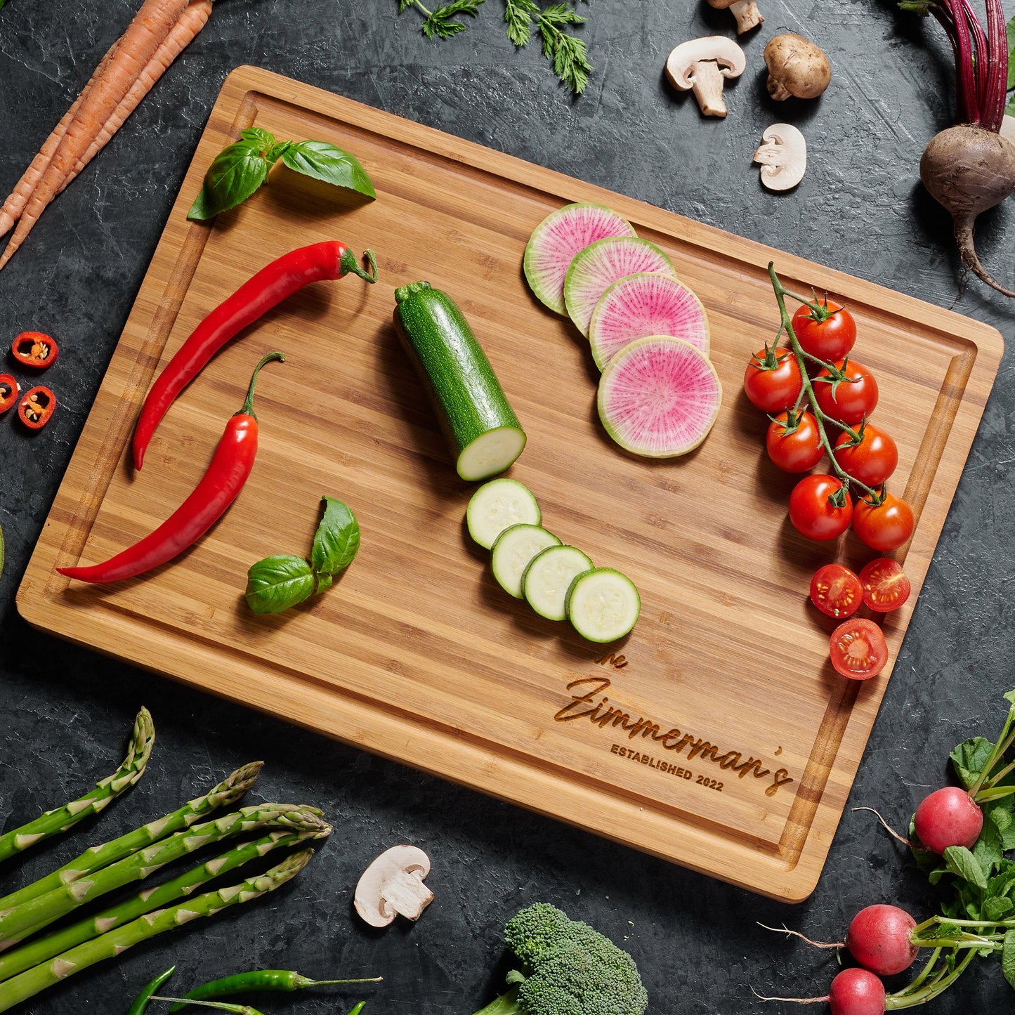 sliced-veggies-on-personalized-bamboo-cutting-board.