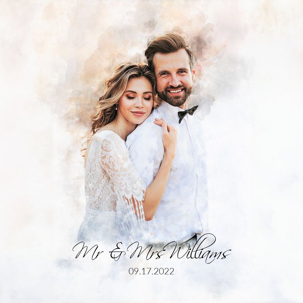 Personalized couple's watercolor portrait canvas with elegant background and detailed artwork.