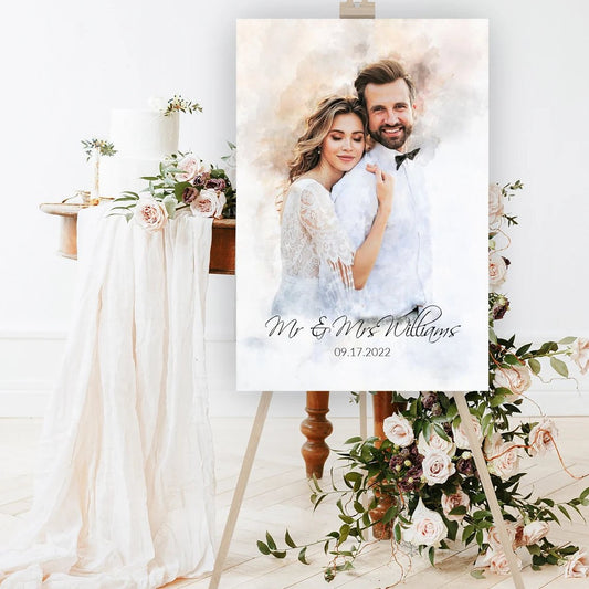 Custom wedding portrait painting on canvas with watercolor effect, featuring a couple's names and wedding date.