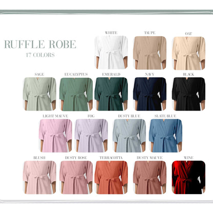 Custom Bridal Robes color palette showcasing 17 variations of Ruffle Robe, ranging from neutrals like "White" and "Taupe" to vibrant shades like "Emerald" and "Wine".