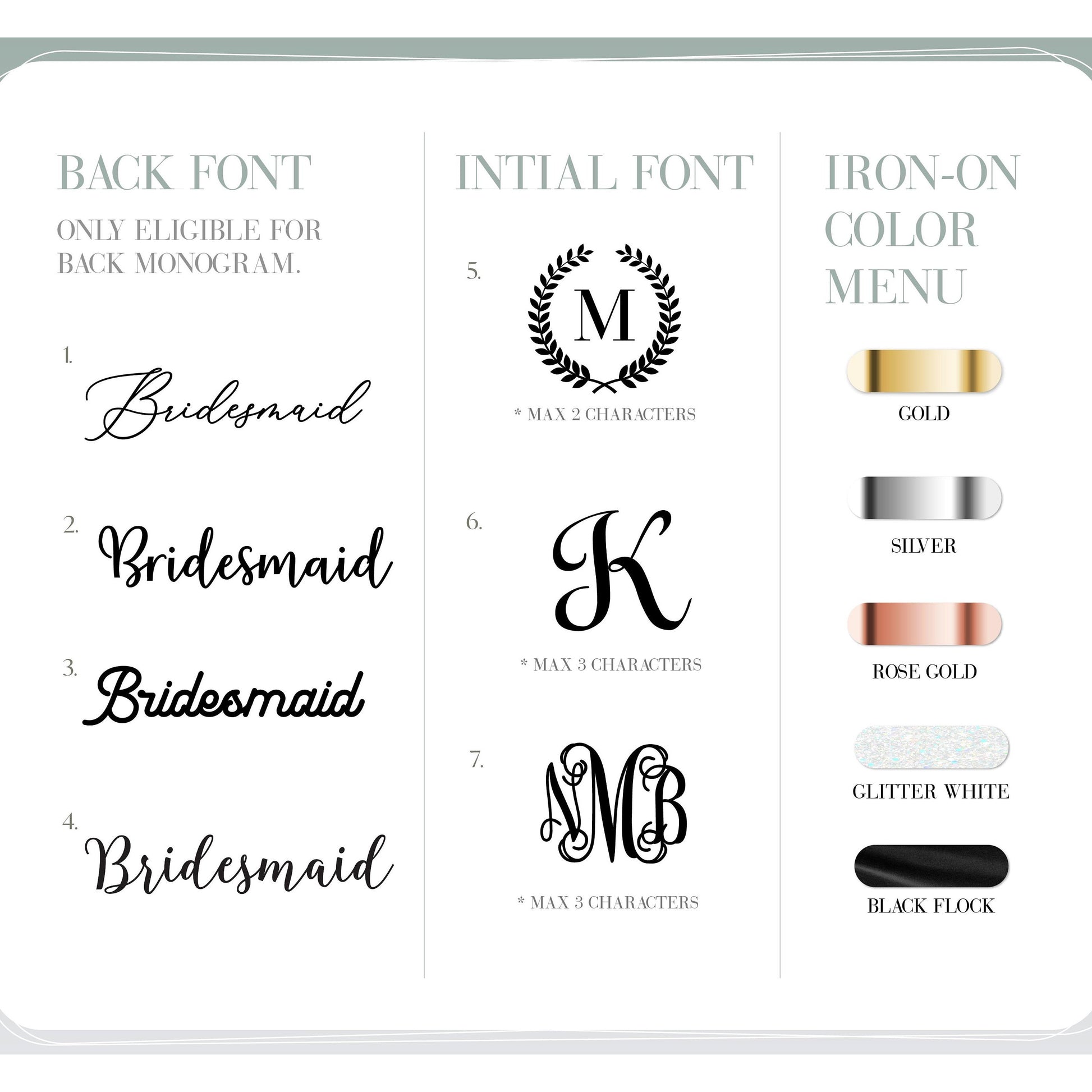Custom Bridal Robes design chart showcasing back fonts, initial fonts, and various iron-on color options.
