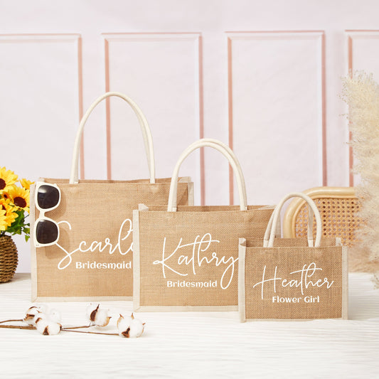 Custom burlap tote bags for bridal party with names Scarlett, Kathryn, and Heather, perfect for bridesmaids and flower girls.