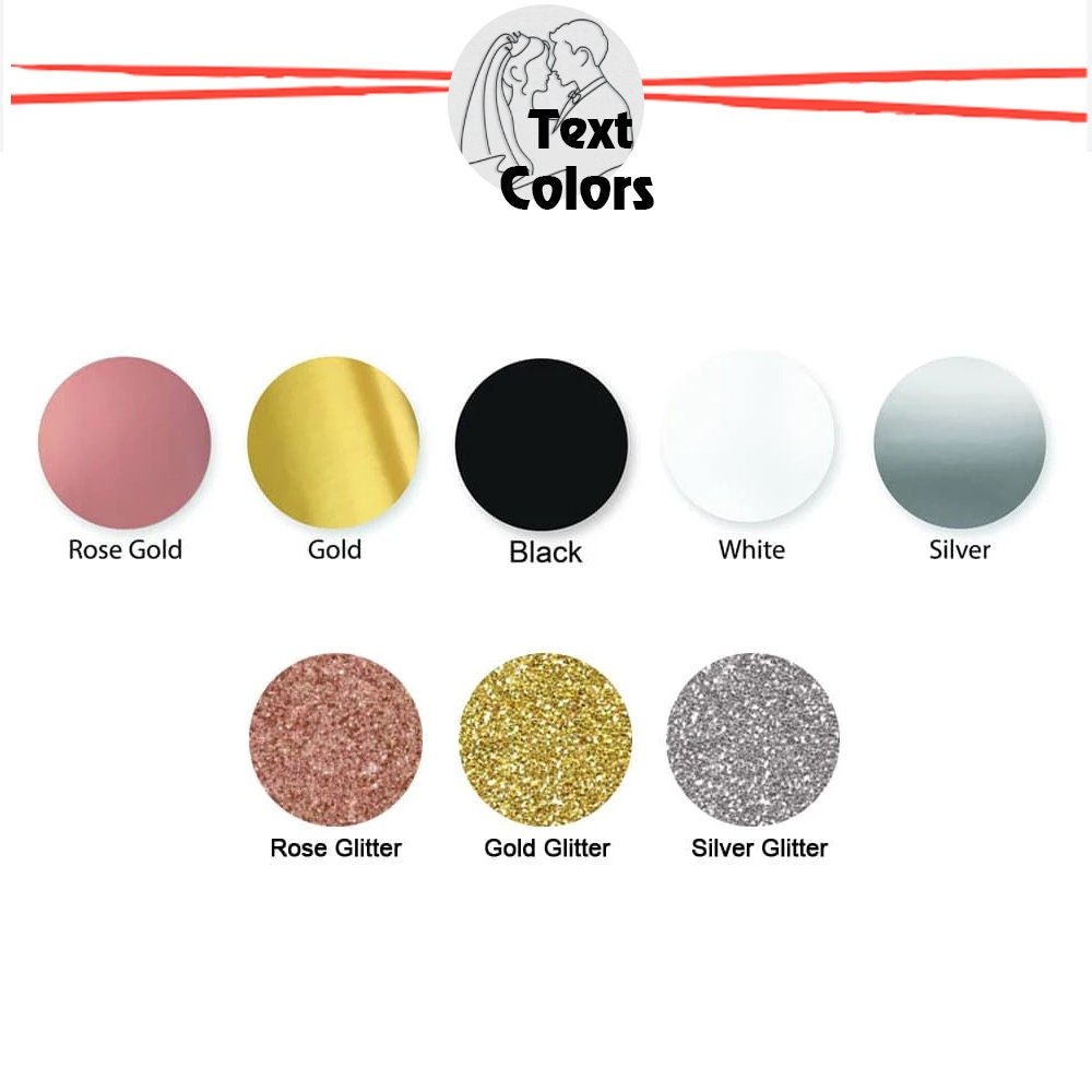 Text color options for custom makeup bags, including rose gold, gold, black, white, and silver.