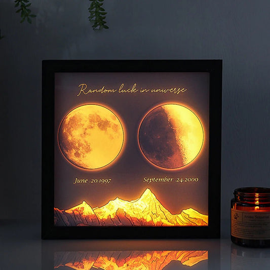 Custom Moon Phase LED Light Frame displaying personalized lunar phases with a warm glow.