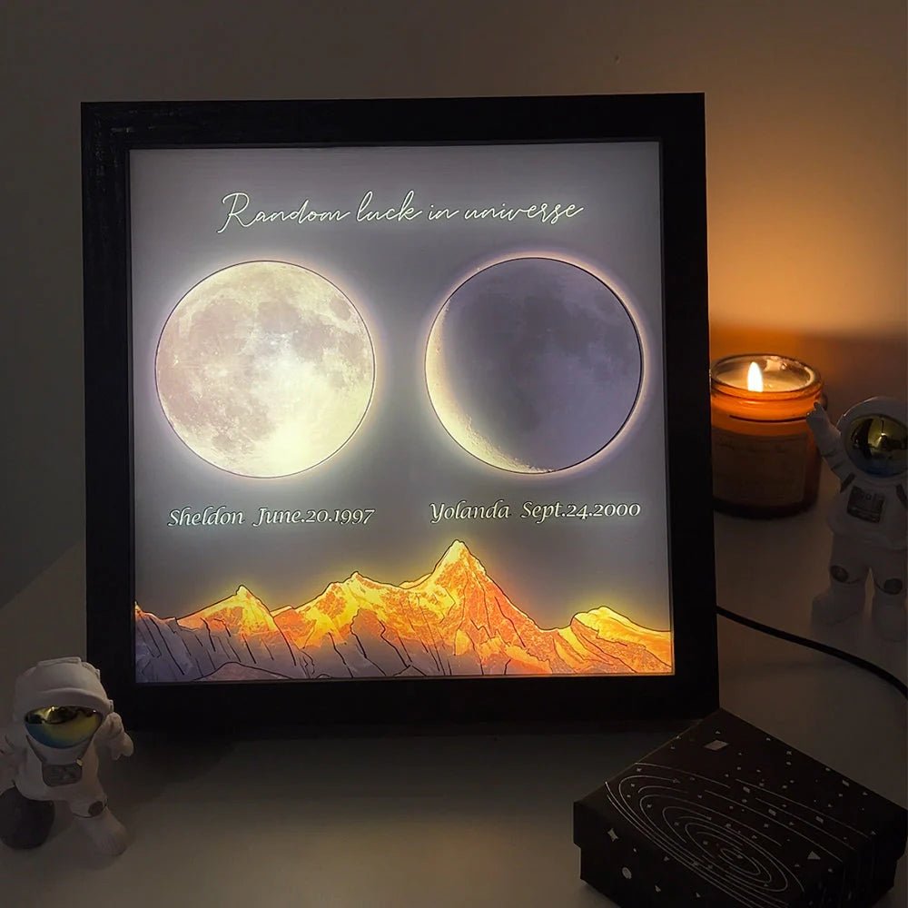 Aesthetic moon phase LED frame illuminating a cozy night setting.