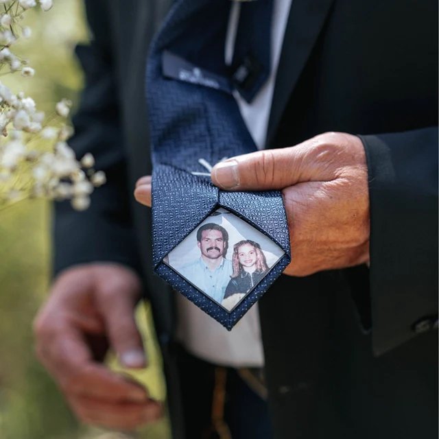Custom Photo Tie Patch: Close-up of a tie with a couple's photo patch.