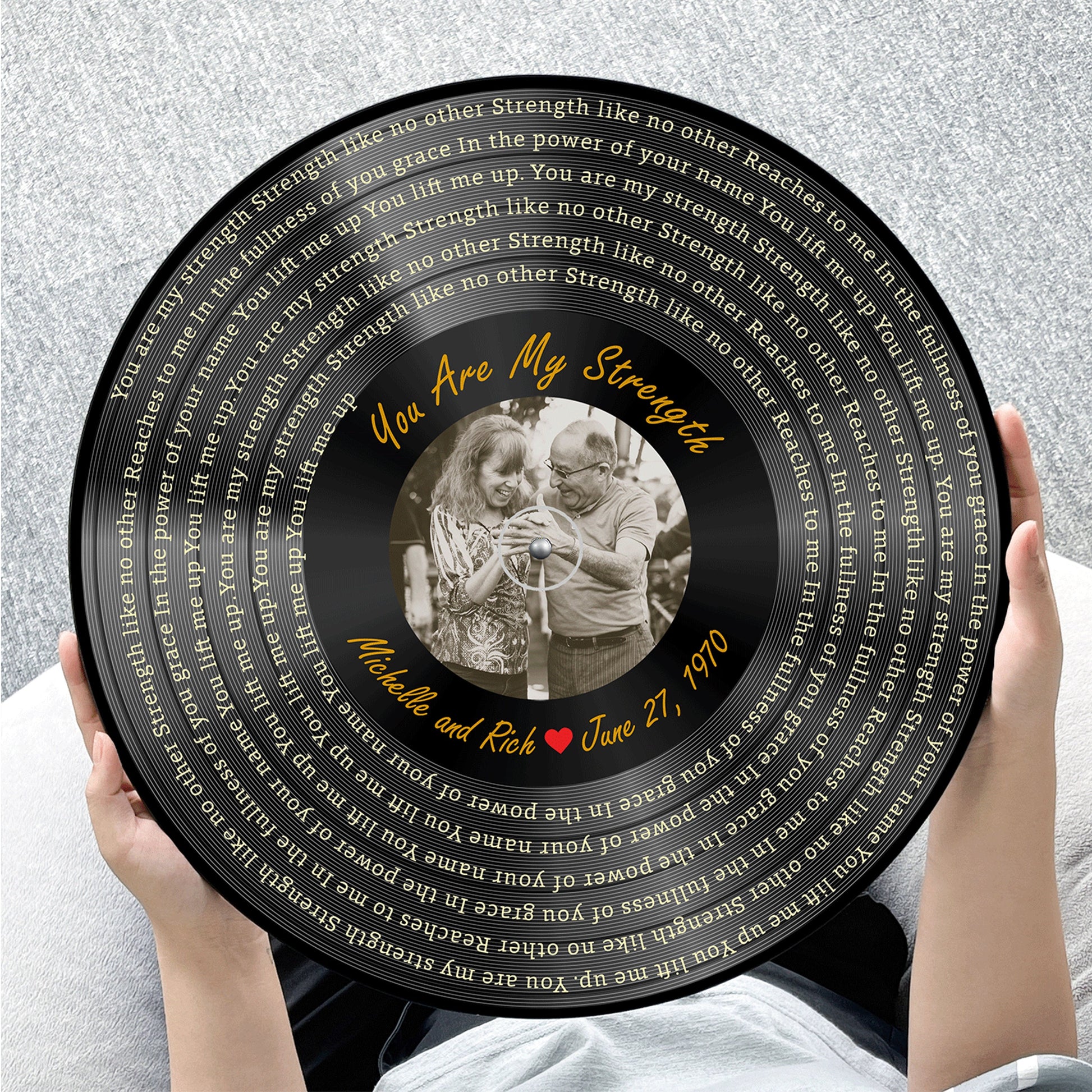 Custom vinyl record plaque featuring "For You I Will" lyrics and couple's travel photos. Romantic anniversary gift.