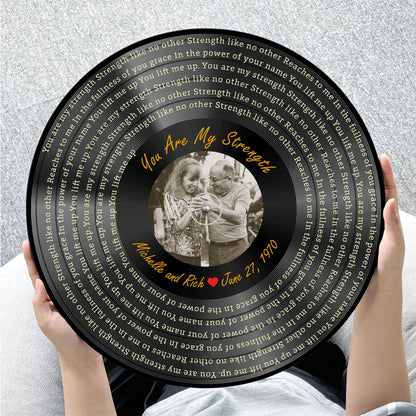Custom vinyl record plaque featuring "For You I Will" lyrics and couple's travel photos. Romantic anniversary gift.