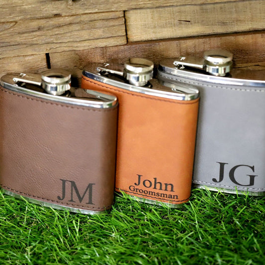 Engraved leather flask set with initials and names