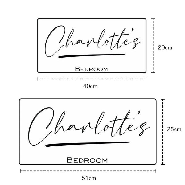 Personalized LED name mirror size guide – 40cm x 20cm and 51cm x 25cm options.