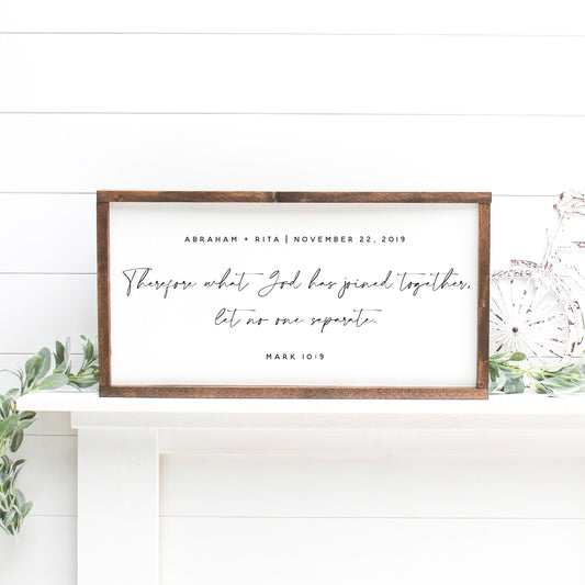 Personalized canvas with scripture featuring Mark 10:9 and custom couple’s names