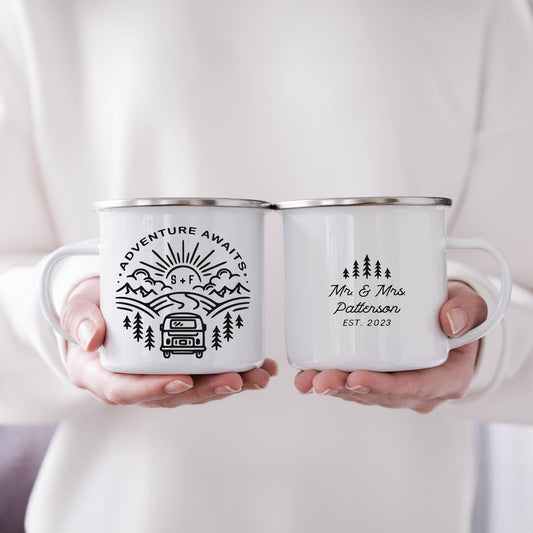 Personalized camping mugs with "Adventure Awaits" design – perfect for couples' weddings and engagements
