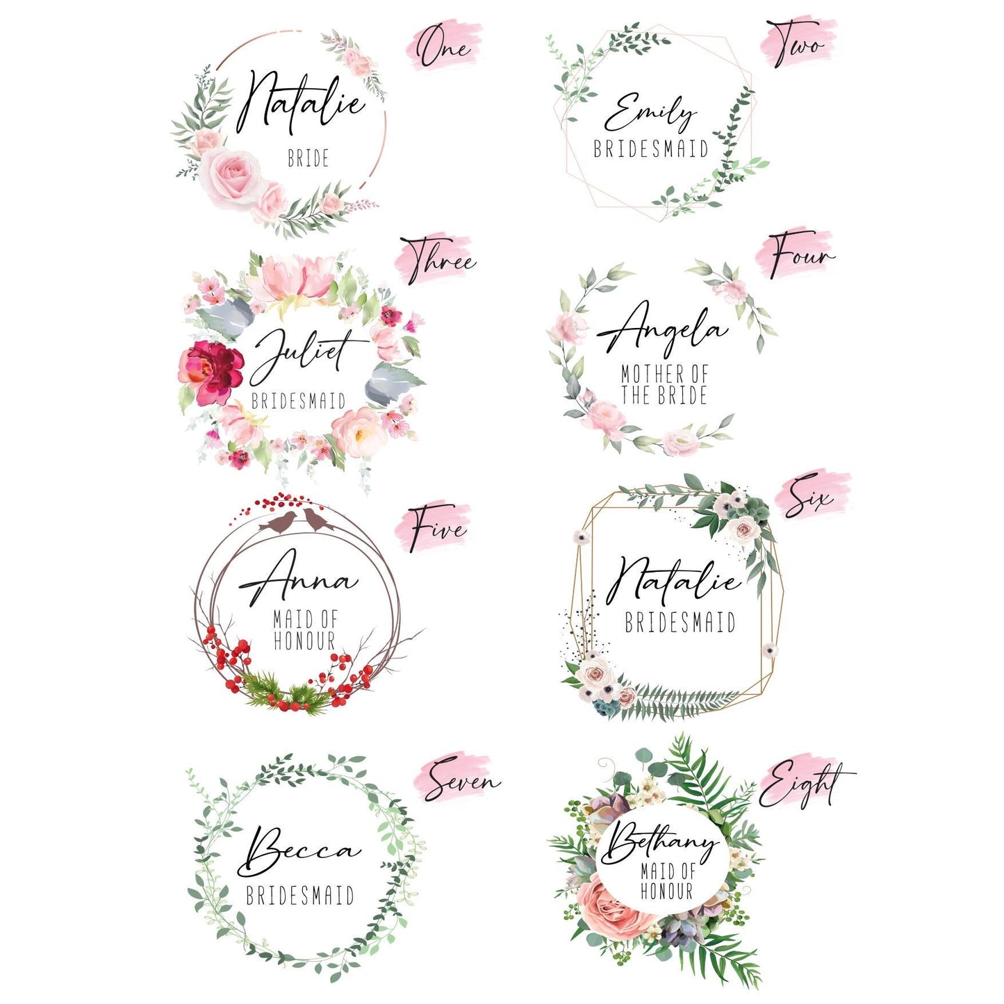 Custom floral monogram robe designs – A collection of bridesmaid robe personalization styles, including watercolor floral wreaths with names and roles like 'Bride,' 'Bridesmaid,' and 'Maid of Honour.'