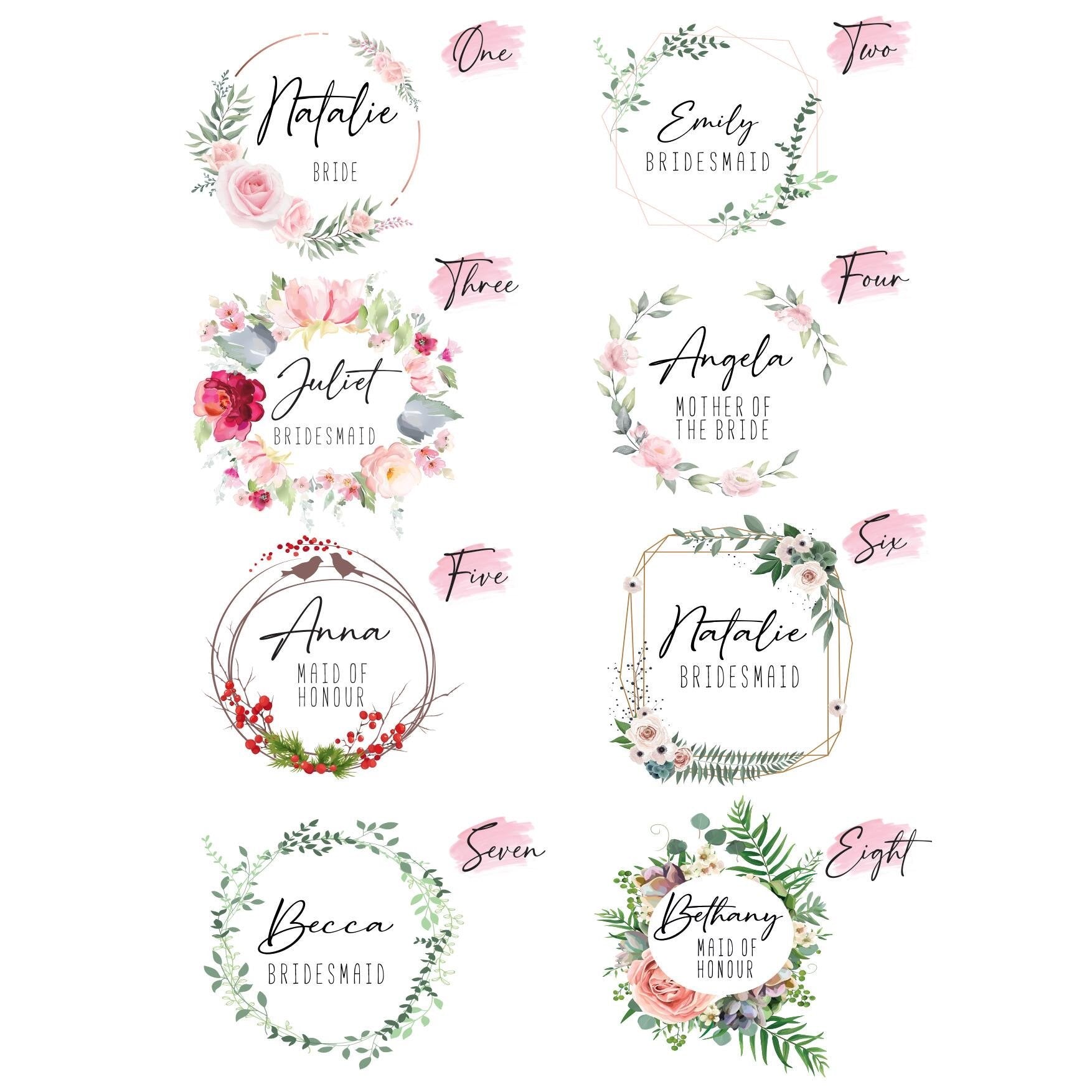 Custom floral monogram robe designs – A collection of bridesmaid robe personalization styles, including watercolor floral wreaths with names and roles like 'Bride,' 'Bridesmaid,' and 'Maid of Honour.'