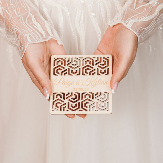 Personalized wooden wedding coaster with custom names and date