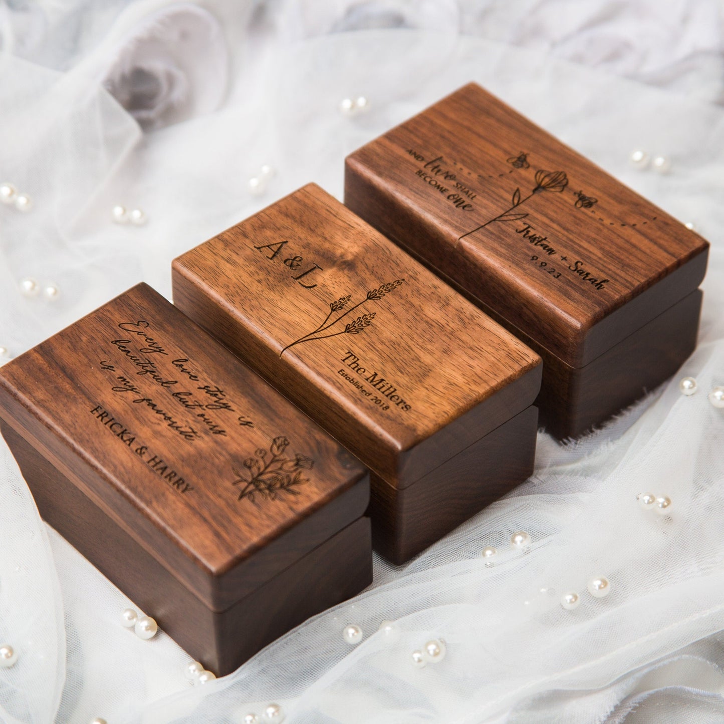 Trio of personalized engraved wooden ring boxes for weddings