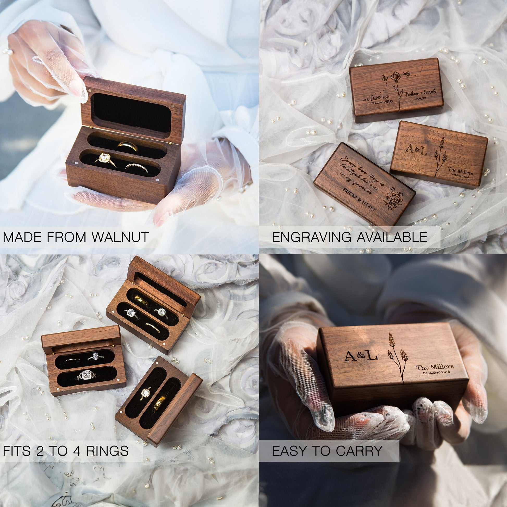 Quad wooden ring box features: walnut wood, custom engraving, and easy carry