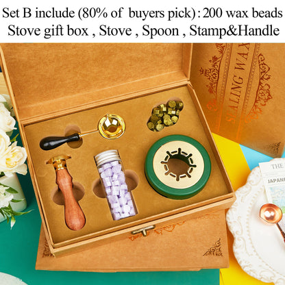 Stamp wax seal kit Set B with stamp, wax beads, stove, and spoon