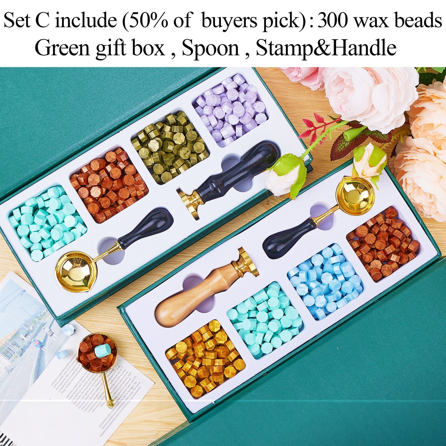 Stamp wax seal kit Set C, gift box with 300 wax beads and tools