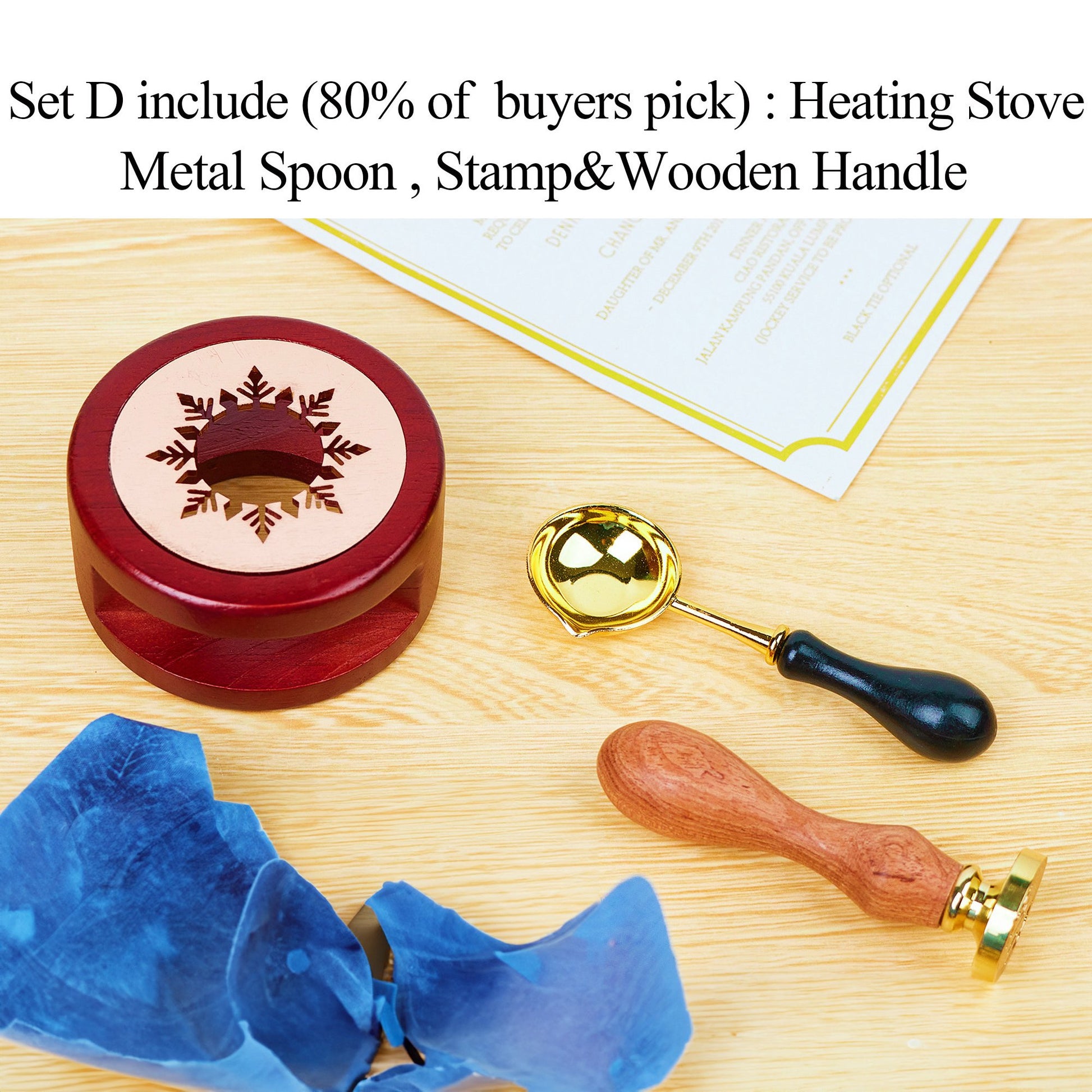 Wax seal kit Set D including heating stove, metal spoon, stamp & wooden handle